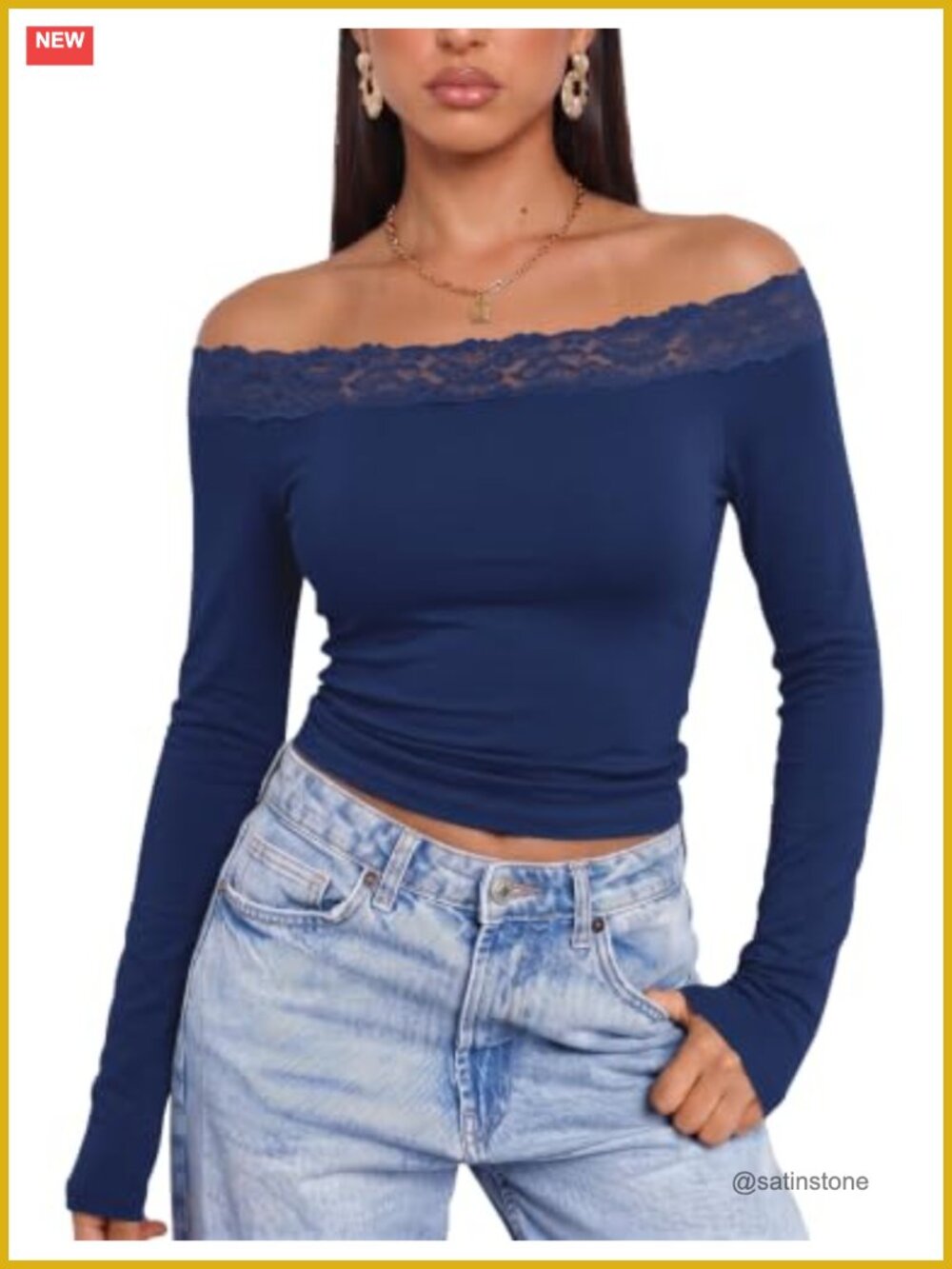 Off Shoulder Top Lace Trim Long Sleeve Knit